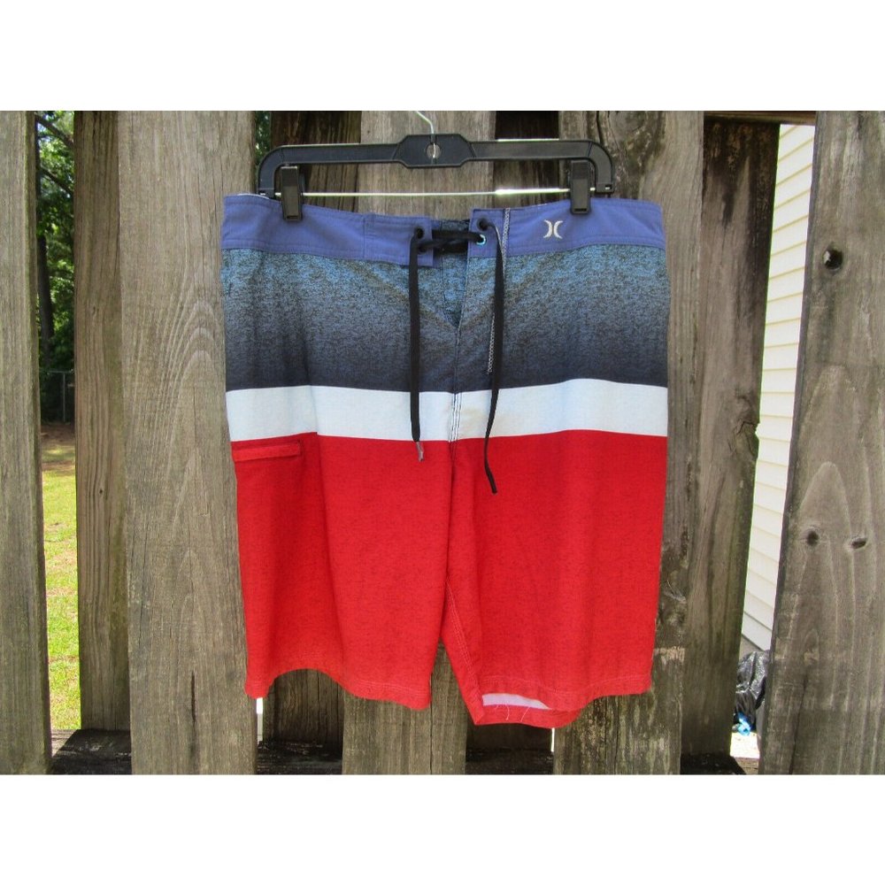 Hurley Phantom Board Shorts 34 Red White Blue Striped Stretch Surf Swim Trunks